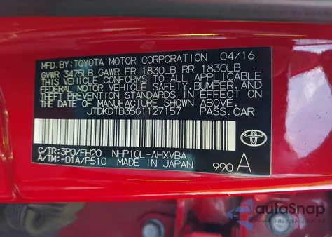 2016 Toyota Prius C One из США, поврежденный, VIN JTDKDTB35G1127157